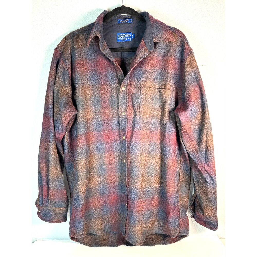 Pendleton Lodge Shirt Men’s Large Lng Virgin Wool Plaid Blue Gray Burgundy Camel